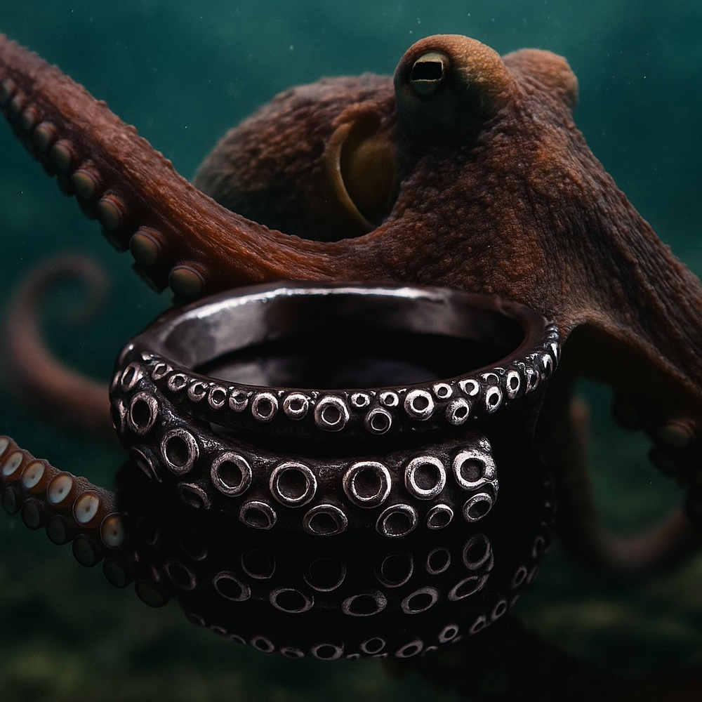 Octopus Tentacle Wrapped Adjustable Ring Silver and Black